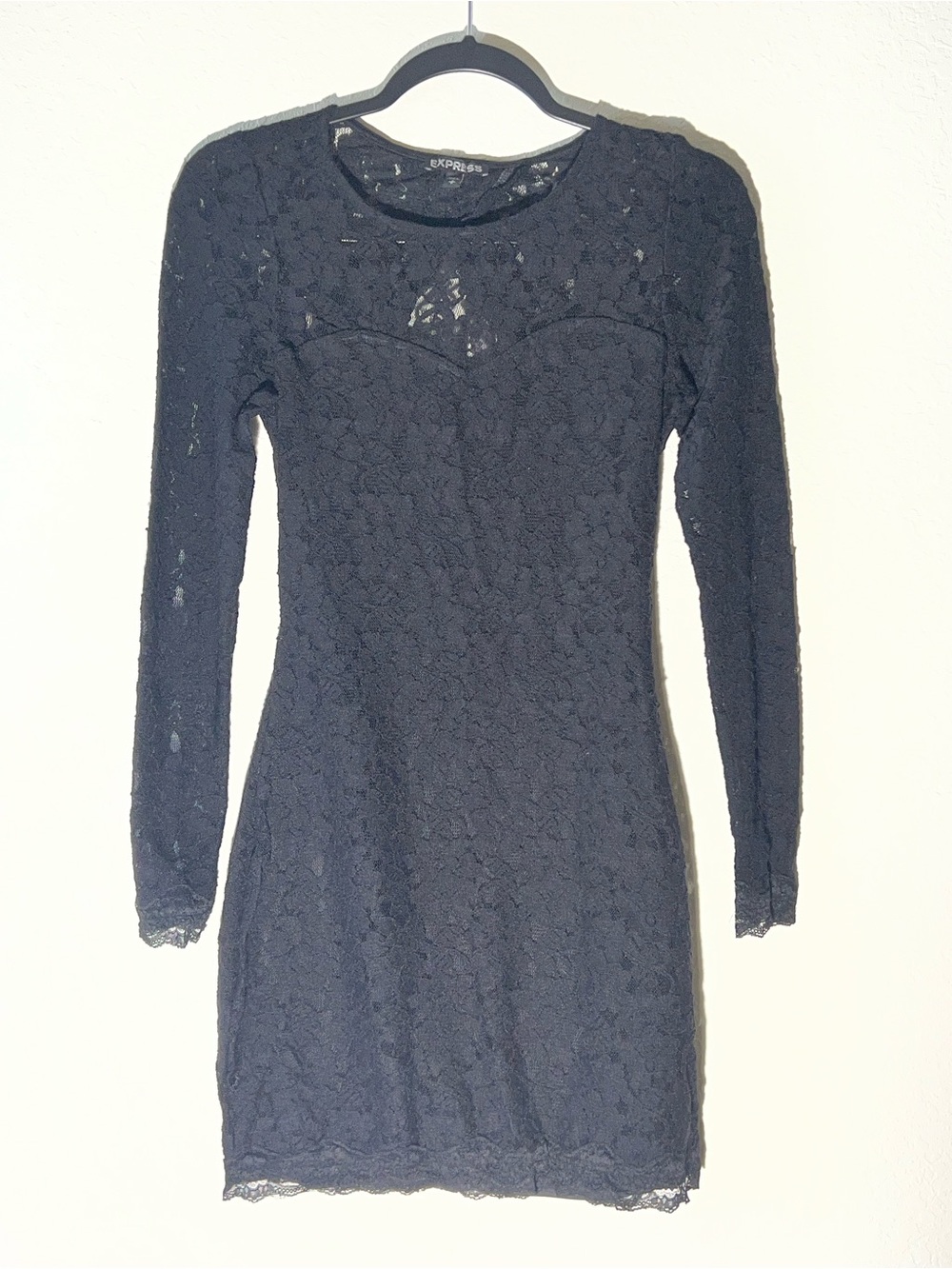Express Black Lace Long Sleeve Sheath Dress with Open Back